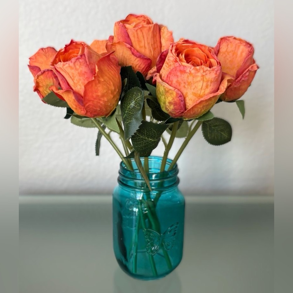 12" Realistic Artificial Flower Bundle Bouquet 7 Large Orange Burnt Edge Roses